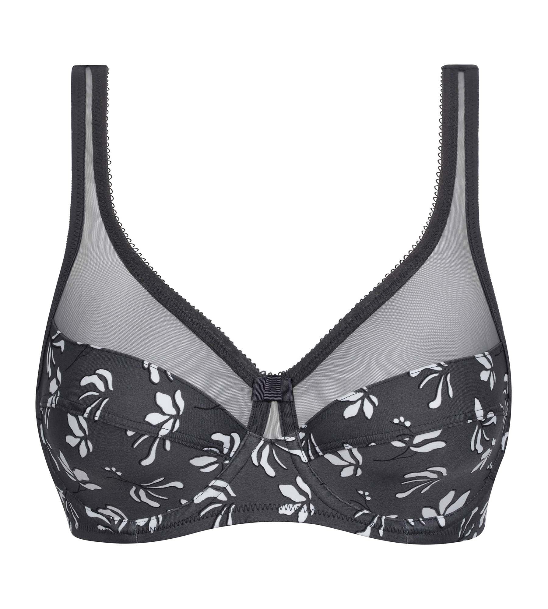 Floral Lace Underwire Bra - Microfiber & Tulle Grey - Comfortable Full Coverage Bra for Everyday Wear & Special Occasions