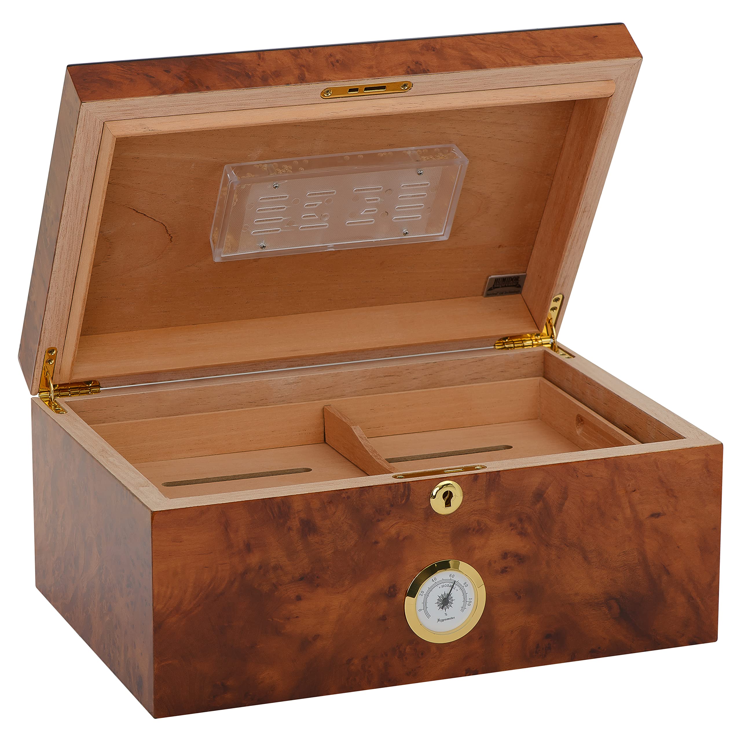 Premium Santorini Cigar Humidor - Rustic Burl Wood Desktop Storage with Blue Inlay, Glass Hygrometer & Spanish Cedar Tray - Holds 40-75 Cigars - Perfect for Home Office, Man Cave or Gift for Cigar Enthusiasts