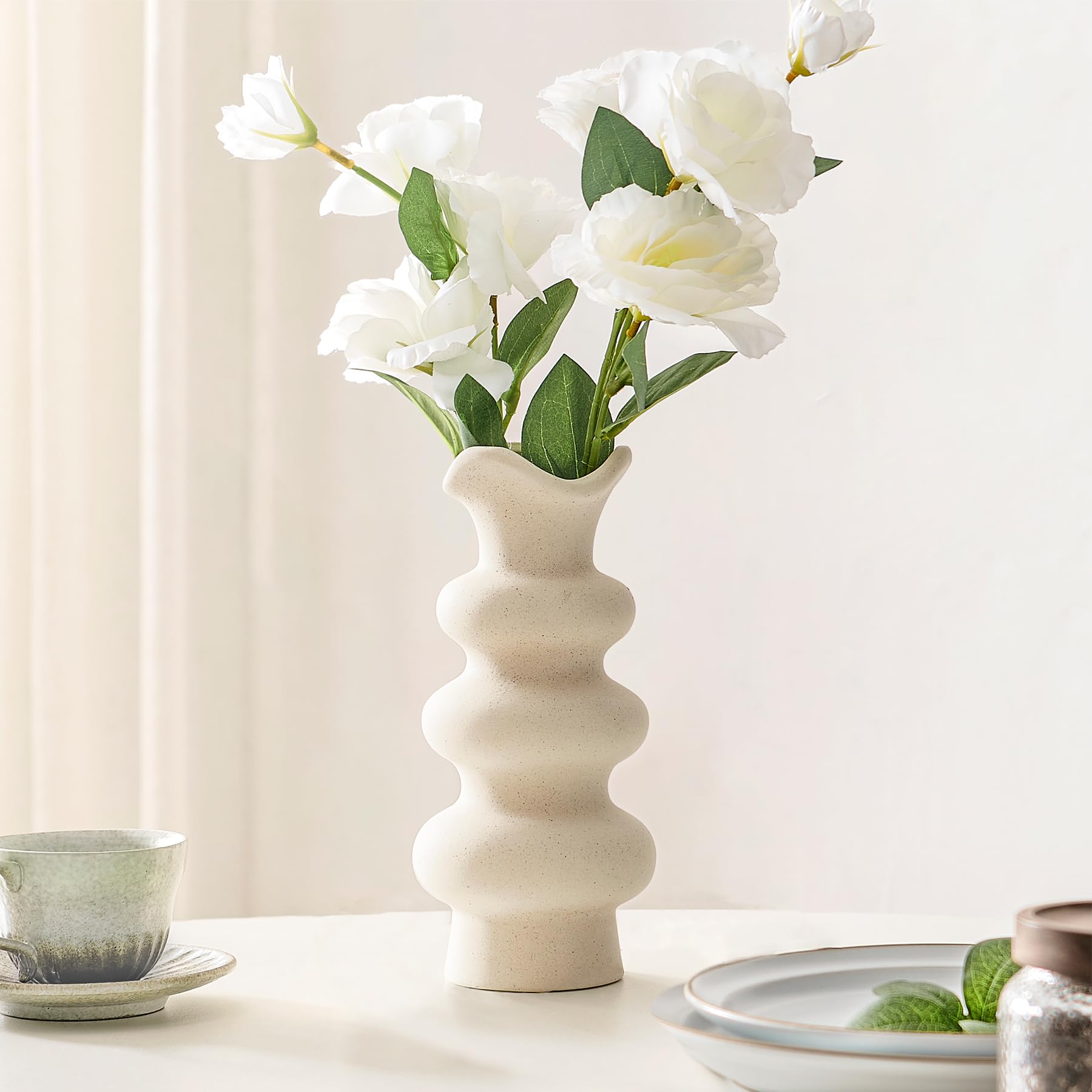 Modern White Ceramic Vase 8.3 Inch - Minimalist Boho Home Decor for Pampas Grass, Dried Flowers & Centerpieces | Aesthetic Cream Vase for Living Room, Bedroom & Wedding Decor