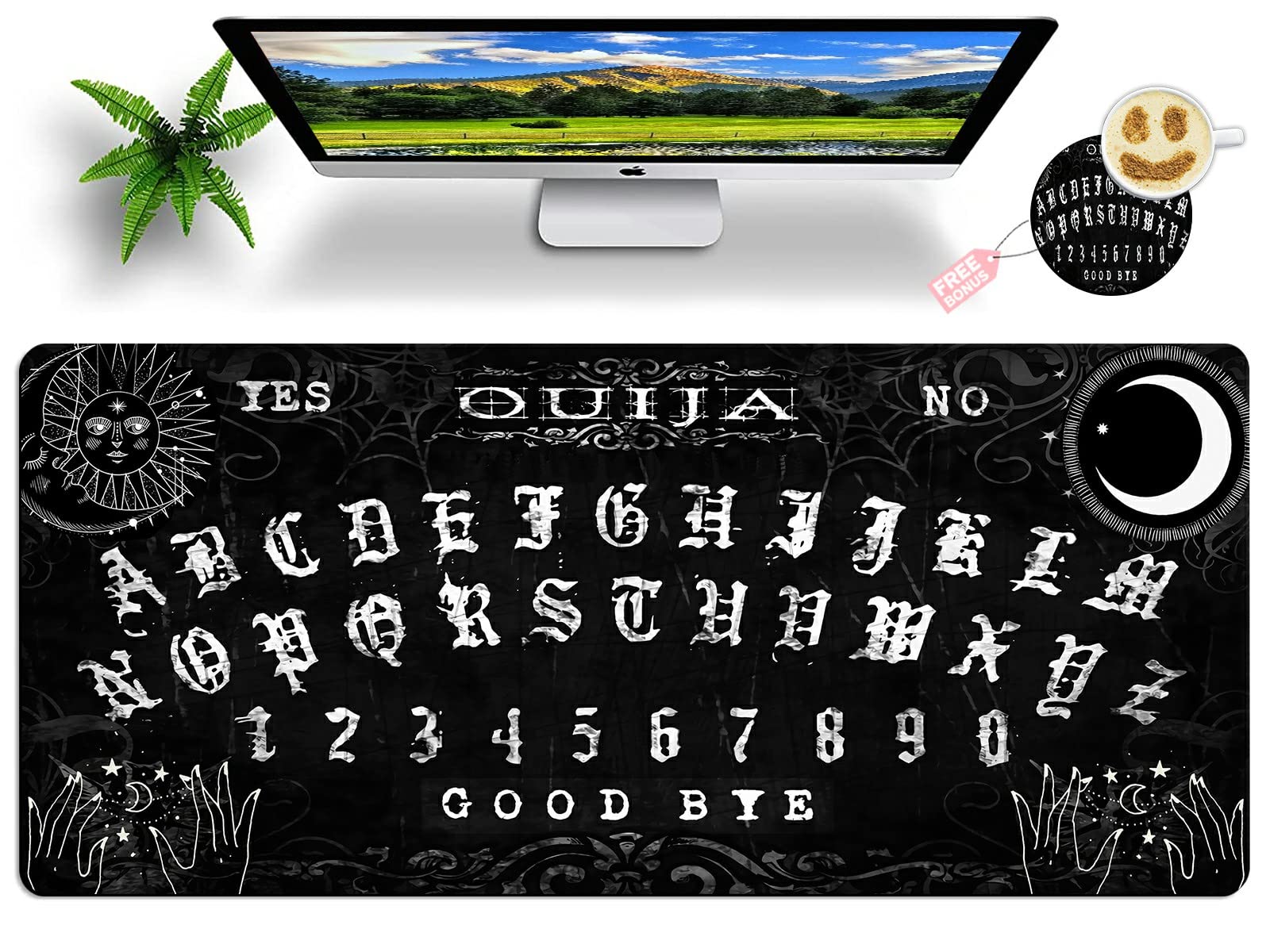 Large Vintage Ouija Board Witchy Hand Design Mouse Pad with Coaster - 27.5x11.8 Inch XXL Gaming Desk Pad, Non-Slip Stitched Edges for Office, Home & PC Gaming - Perfect for Witchcraft Enthusiasts & Gothic Decor