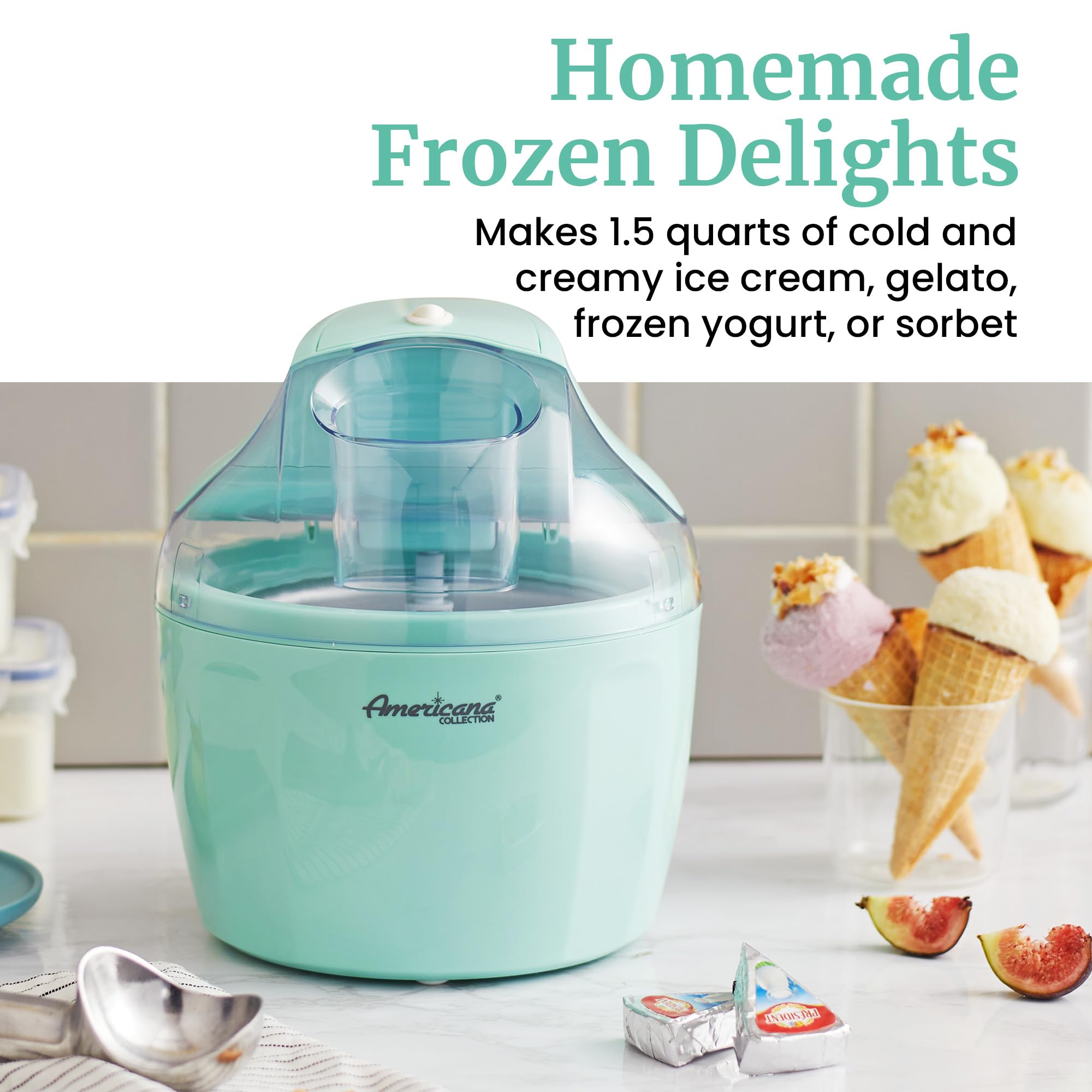 Americana EIM-1400M 1.5 Quart Electric Ice Cream Maker - Automatic Homemade Ice Cream, Gelato, Frozen Yogurt & Sorbet Machine - No Salt Needed with Ingredient Chute & Recipe Book - Perfect for Parties, Family Gatherings & Summer Treats