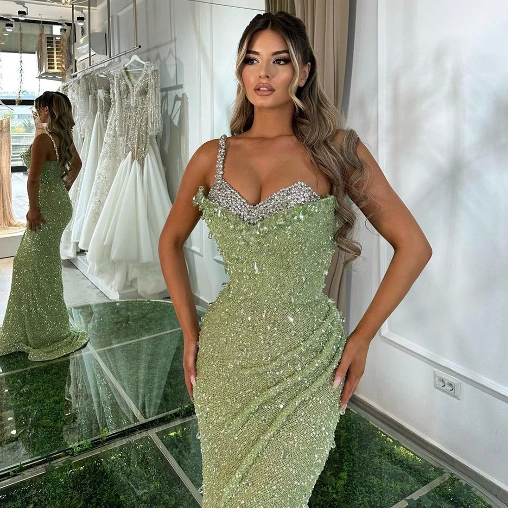 Serene Hill Sage Green Mermaid One Shoulder Beaded Crystal Luxury Evening Gown for Women - Dubai Party Dress 2025 LA72419 | Perfect for Galas, Red Carpet Events & Formal Occasions