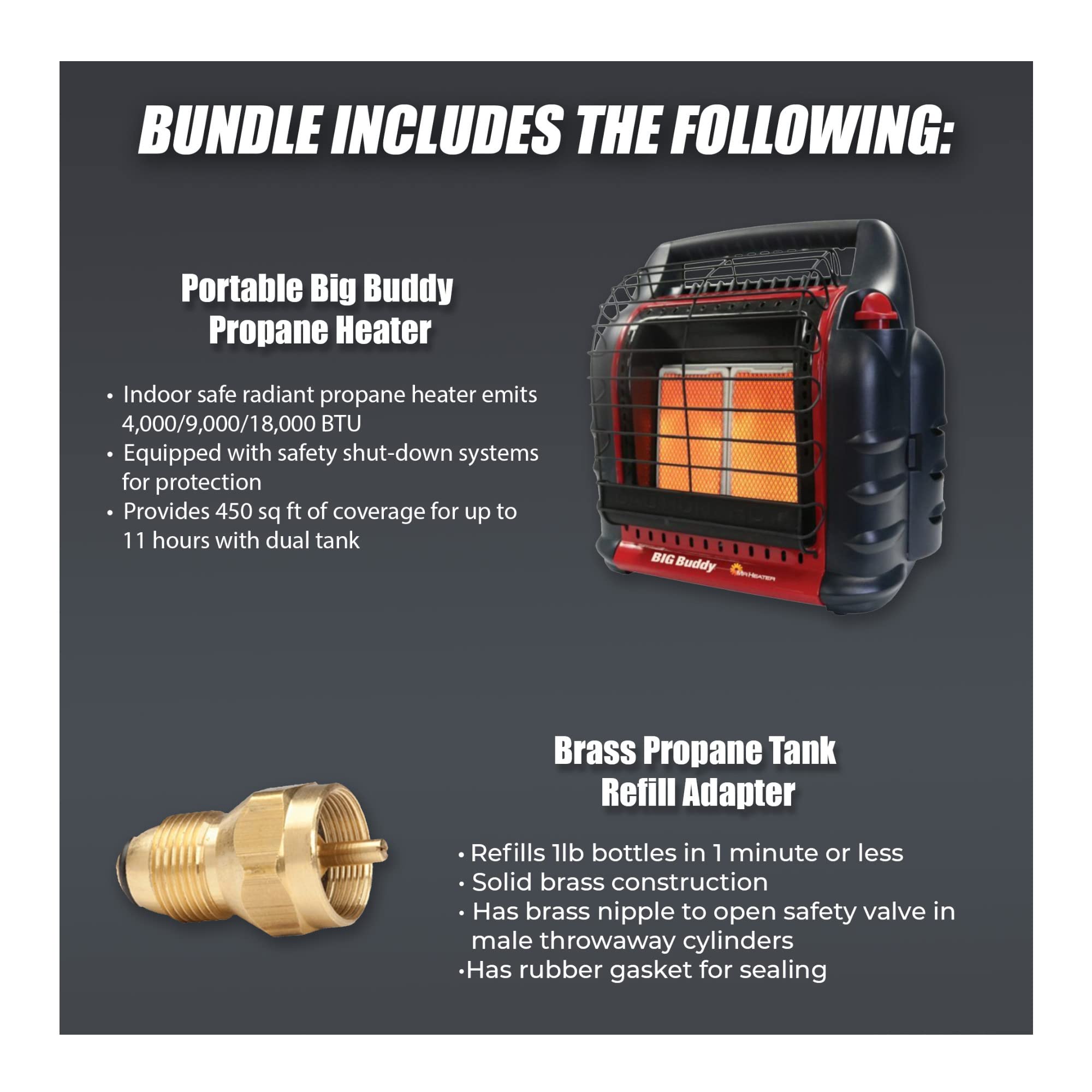 Mr. Heater Portable Big Buddy Propane Heater with Tank Refill Adapter - Indoor/Outdoor Heating for Camping, Garage, Workshop & Emergency Use (2-Piece Bundle)
