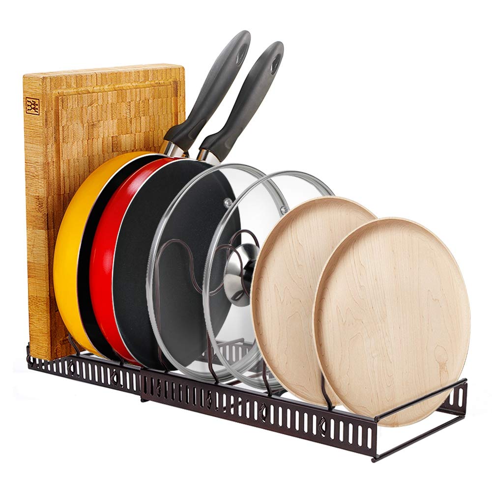7-Tier Expandable Kitchen Cabinet Organizer Rack - Adjustable Pan Pot Lid Holder with Drainer Basket | Space Saving Storage Solution for Pots, Pans & Flatware | Perfect for Small Kitchens & Closet Organization