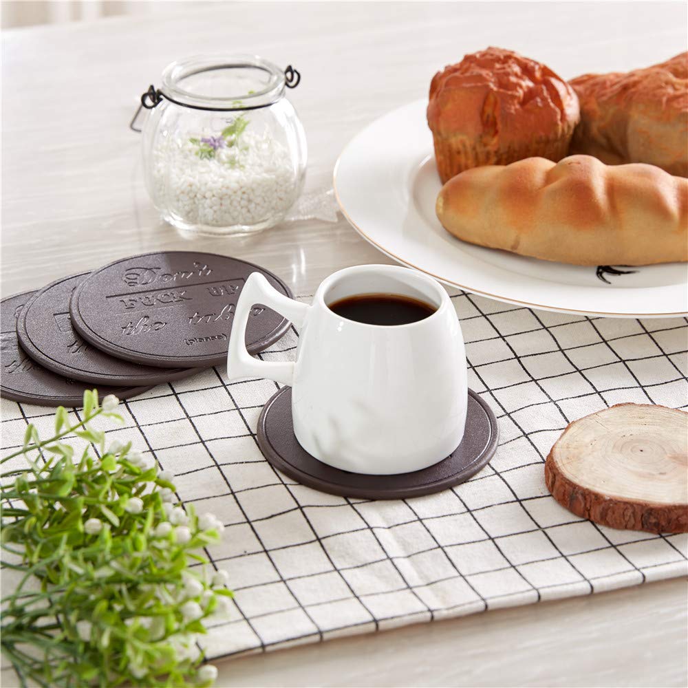 Funny Leather Coasters Set of 6 with Holder - Brown Thipoten Coasters for Drinks, Protect Furniture from Water Marks & Scratches - Perfect for Home, Office, Bar or Party Use