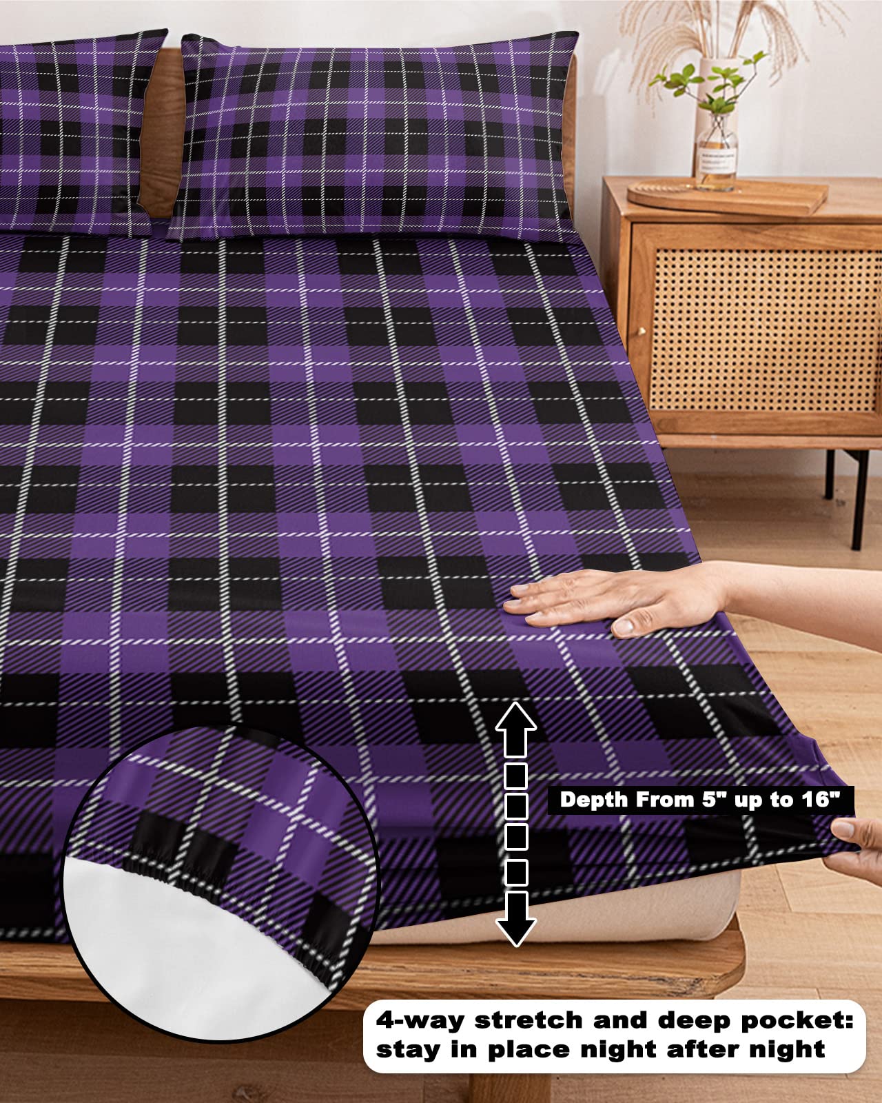 Halloween Black & Purple Buffalo Plaid Fitted Sheet - Full Size Deep Pocket (5-16