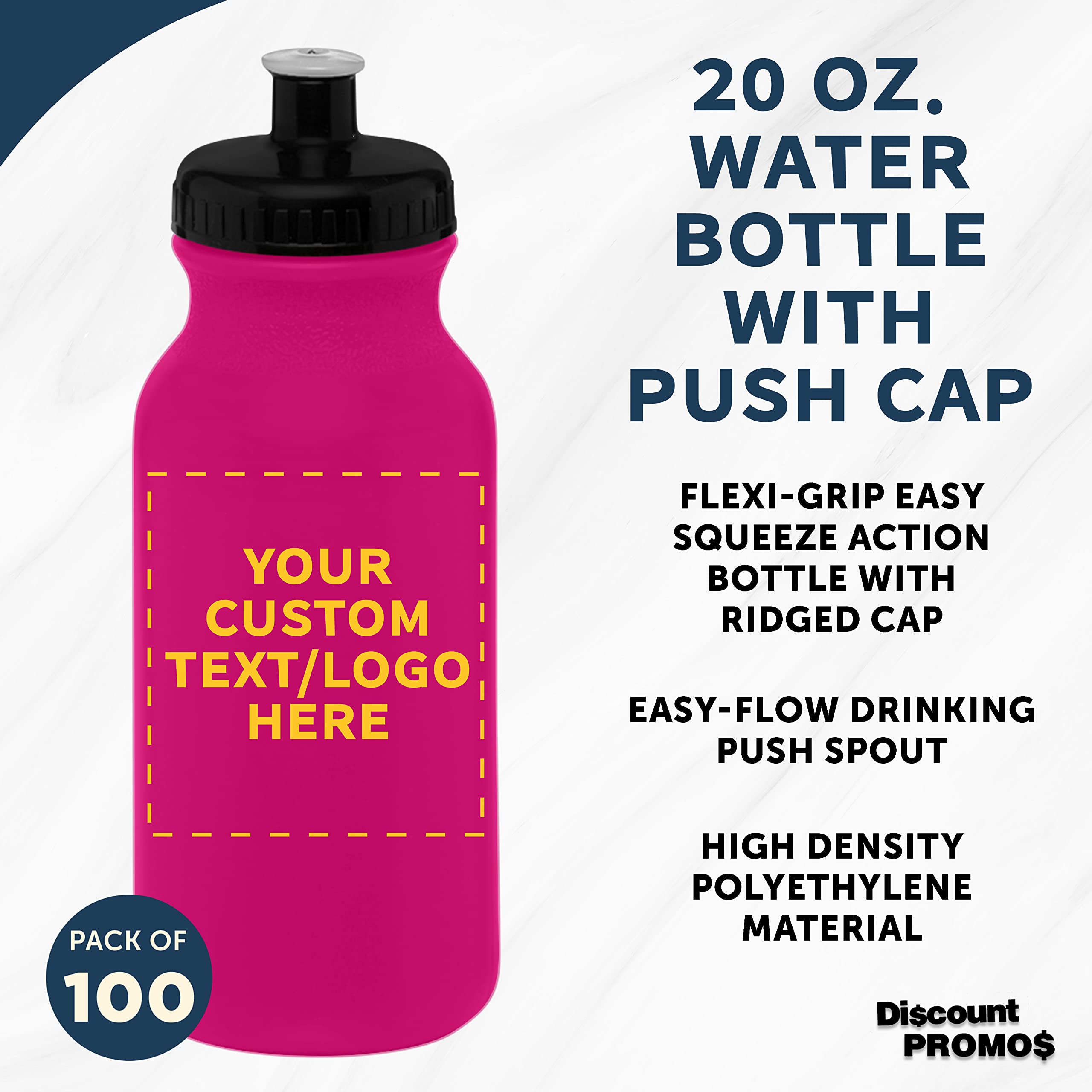 Custom 20 oz. Water Bottles with Push Cap - Bulk Pack of 100 Personalized Neon Pink Sports Bottles - Ideal for Gym, Hiking, Camping & Outdoor Activities - BPA Free Leakproof Design for Workouts, Travel & Sports Events