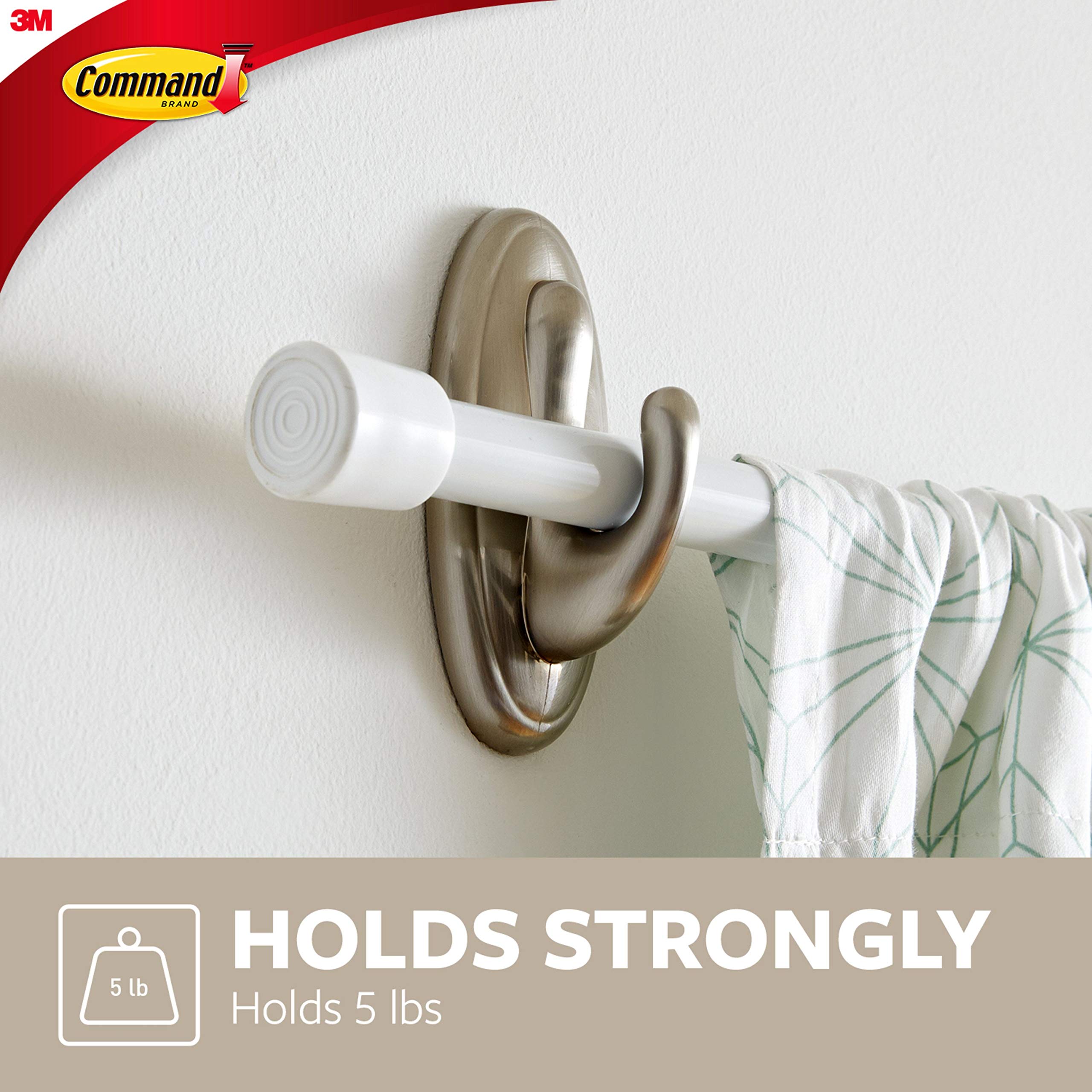 Command Large Brushed Nickel Curtain Rod Hooks - 2 Hooks, 2 Strips, 2-Pack - Damage-Free Wall Decor for Bedroom, Living Room & Dorm