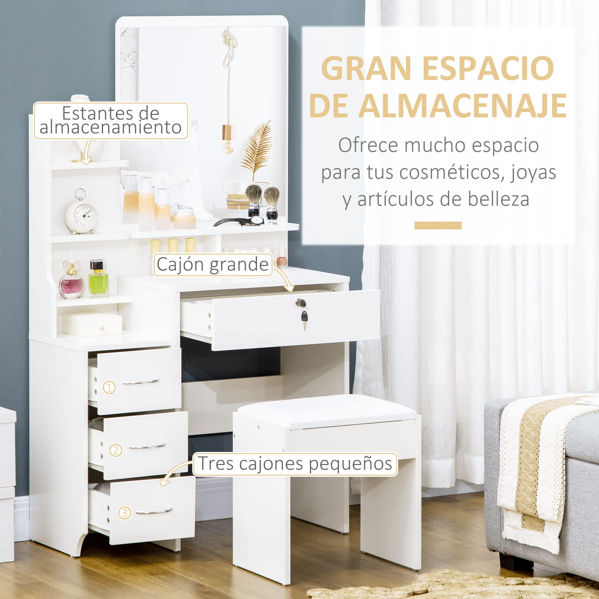Modern Makeup Vanity with Stool & Mirror - 4 Drawers & Storage for Home Beauty