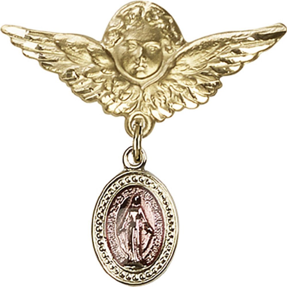 Pink Gold Filled Baby Badge with Miraculous Charm & Angel Wing Pin - 1 1/8 X 1 1/8 Inch - Perfect for Christening Gifts, Baby Showers & Keepsake Jewelry