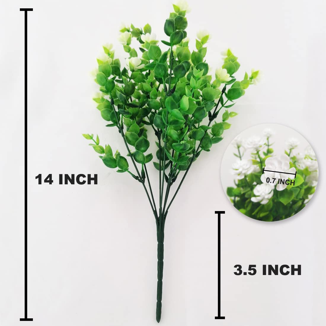 6 Bundles Artificial Eucalyptus Flowers - UV Resistant Faux Plastic Plants for Outdoor Garden, Porch & Window Box Decor - White Fake Greenery for Home & Wedding Decoration