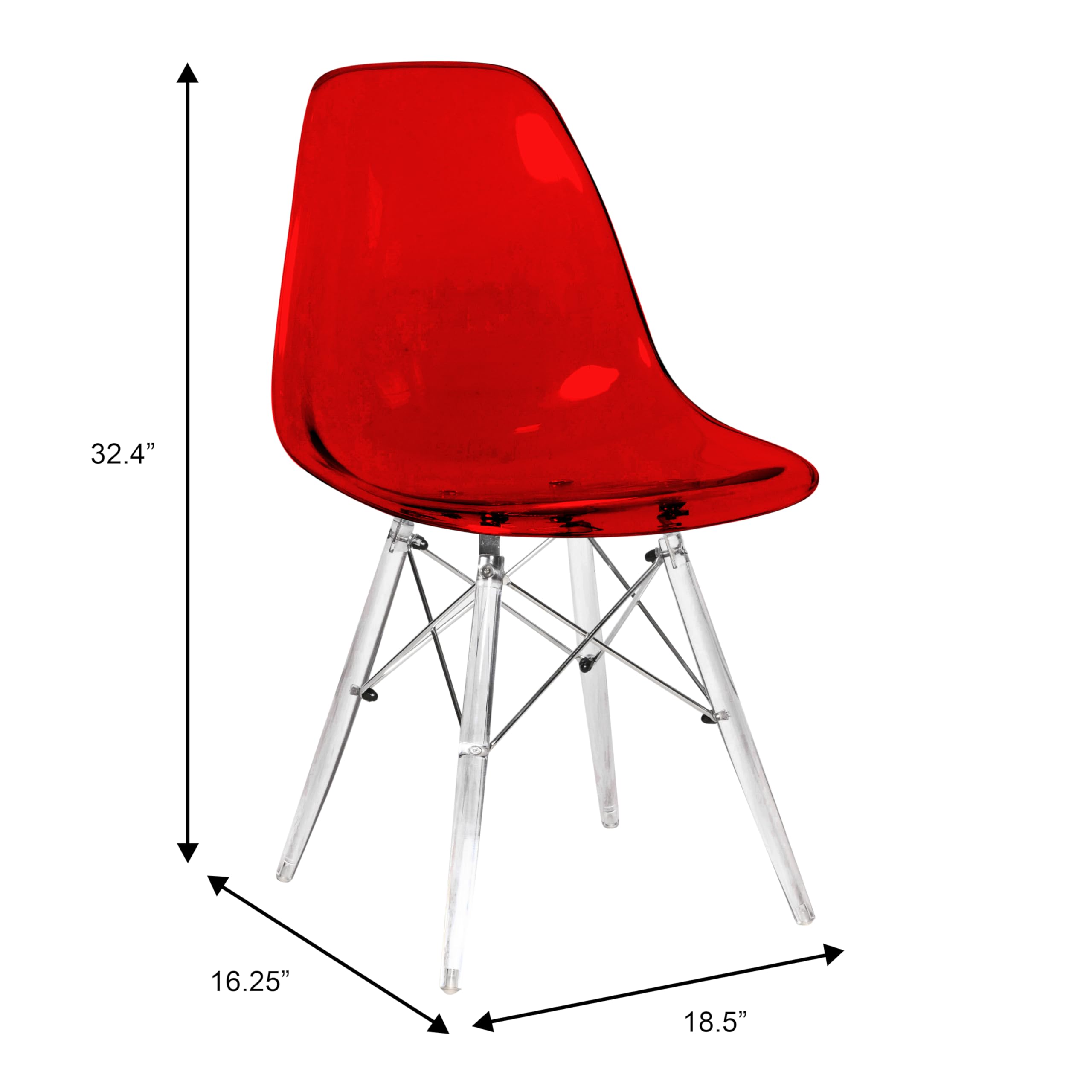 LeisureMod Dover Molded Side Chair with Acrylic Legs - Set of 4 Transparent Red Modern Dining Chairs for Kitchen, Dining Room & Office - Comfortable & Stylish Seating Solution
