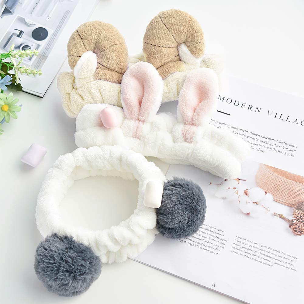 Cute Animal Ears Headbands with Fluffy Ball - Soft Coral Fleece Elastic Hair Band for Women - Pack of 3 - Perfect for Washing Face, Makeup, Skincare and Cosplay Costume Accessories