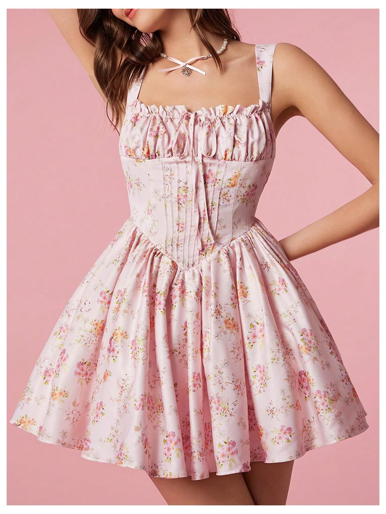 SHENHE Women's Floral Corset Mini Dress - Square Neck Smocked Fit & Flare Boho Summer Dress for Beach, Party, Wedding Guest & Date Night Outfits