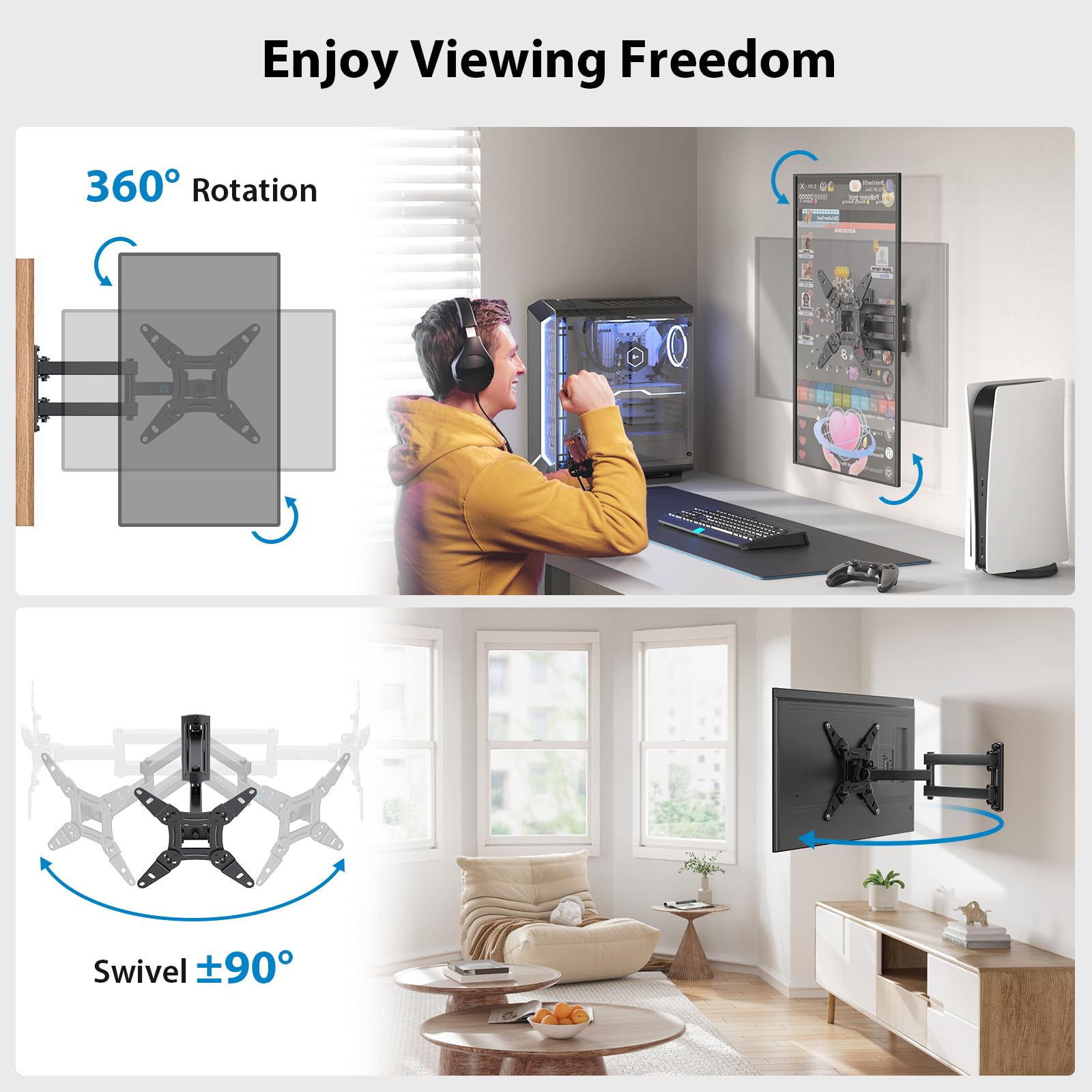 Pipishell Full Motion TV Wall Mount Bracket - Swivel Tilt Extension Rotation for Echo Show 21/15 & 13-42 Inch LED LCD Flat/Curved TVs & Monitors - Max VESA 200x200mm, 44lbs - Perfect for Living Room, Bedroom & Office Setup