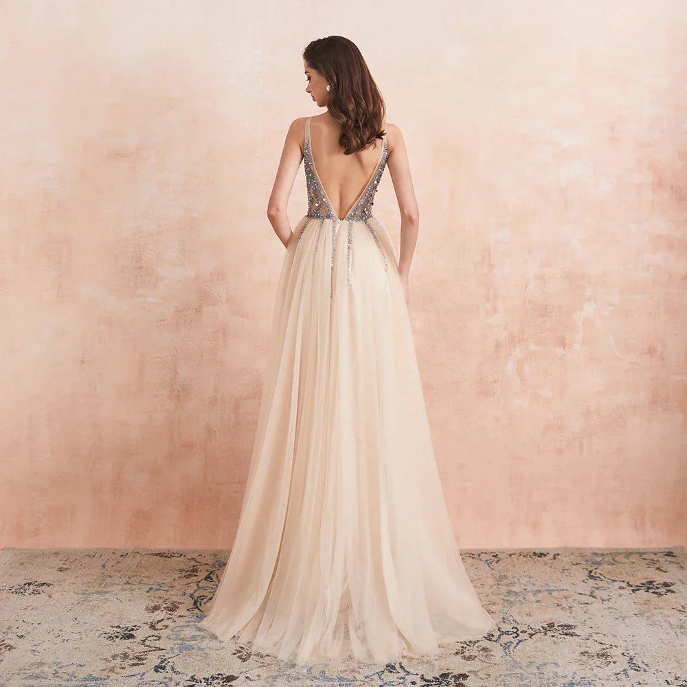 Elegant Beaded Prom Dresses - Long Sexy V-Neck High Slit Tulle Evening Gown with Sweep Train | Sleeveless A-Line Backless Formal Dress for Homecoming, Wedding, Party & Special Occasions