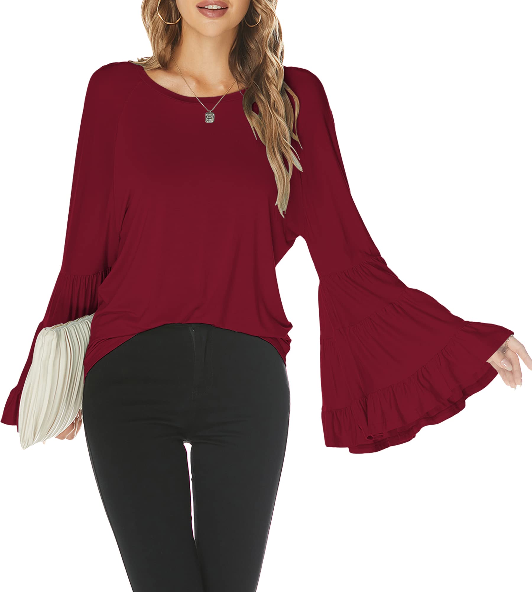 Hount Women's Casual Long Bell Sleeve T-Shirt - Loose Fit Round Neck Flare Sleeve Blouse for Everyday Wear, Office & Date Night Outfits