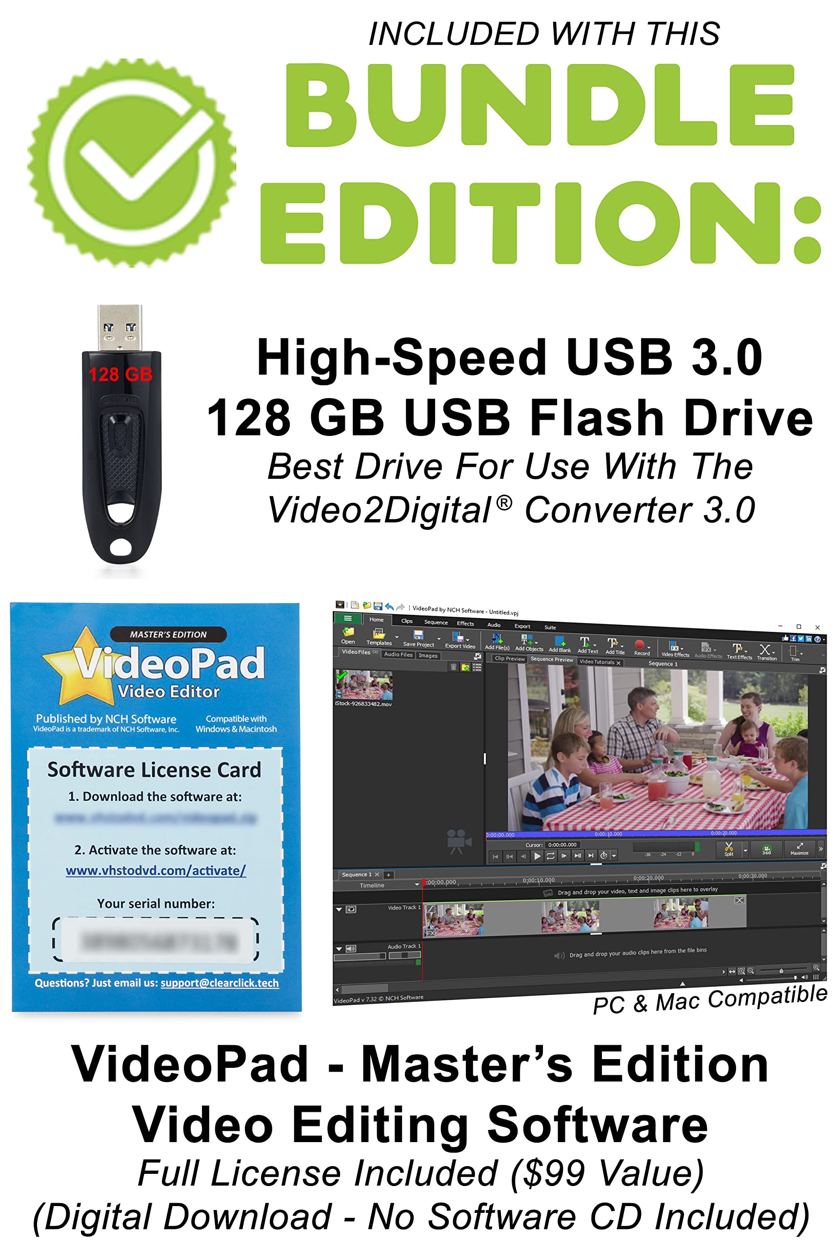 ClearClick Video to Digital Converter 3.0 - Convert VHS to Digital, Transfer VCR, Hi8, Camcorder, DVD, RCA, AV & Cassette Tapes to USB or Computer - Perfect for Home Movies, Archiving & Digitizing Old Media (Bundle Edition)