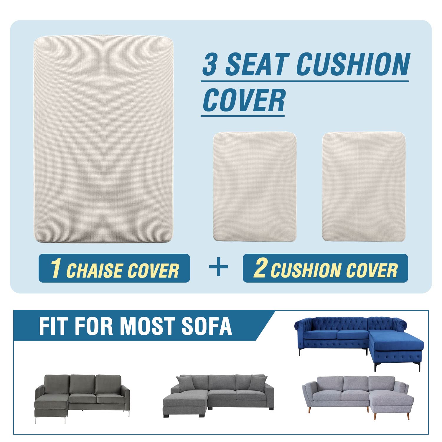 H.VERSAILTEX 3-Piece L-Shaped Sectional Sofa Covers - Reversible Left/Right Chaise & Seat Cushion Protectors (Ivory) | Perfect for Living Room, Family Room & Home Theater Furniture Protection