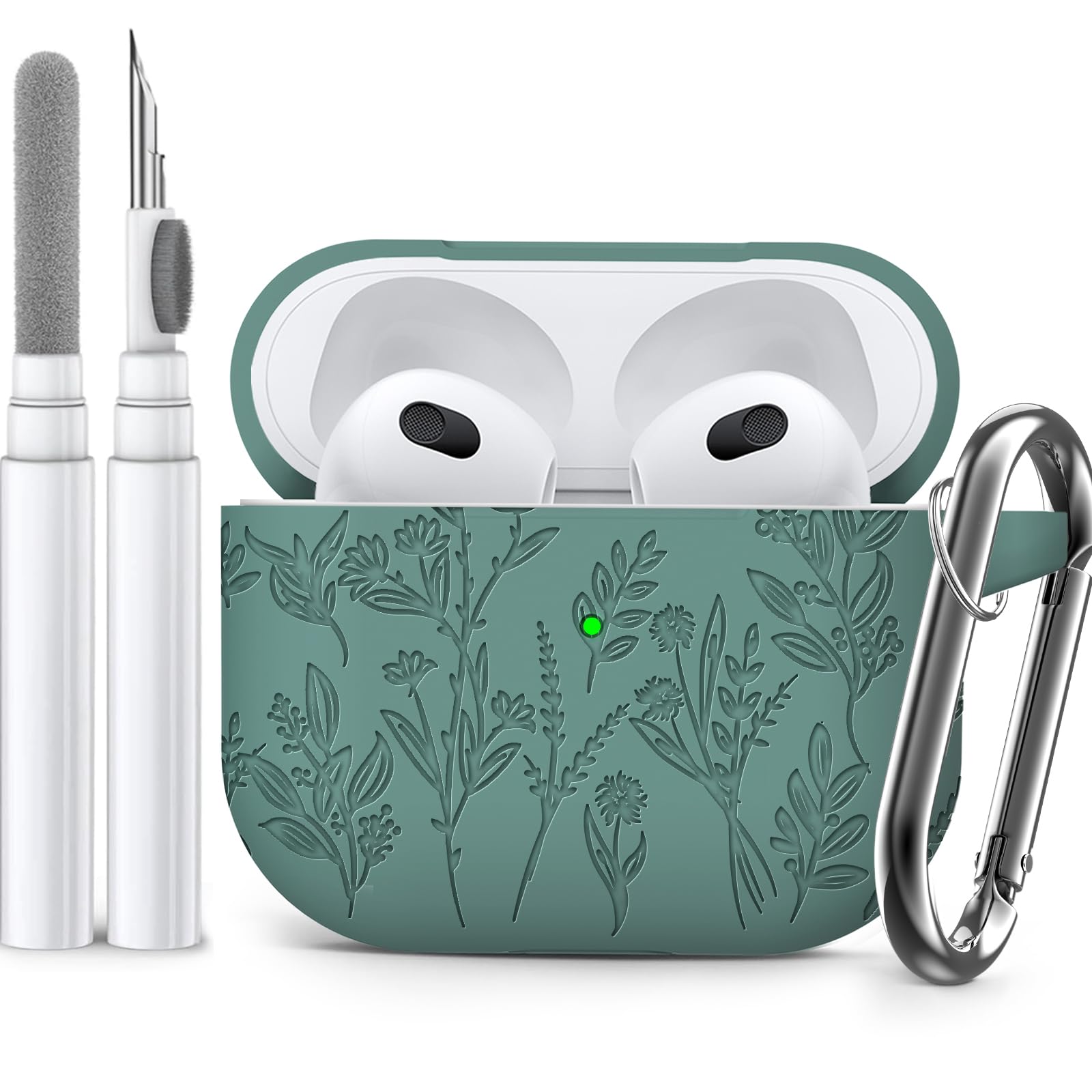 Flower Engraved AirPods 3rd Generation Case with Cleaning Kit - Soft Silicone Protective Cover with Keychain & Visible Front LED - Compatible with AirPods 3 (2021) - Perfect Gift for Women, Travel & Daily Use