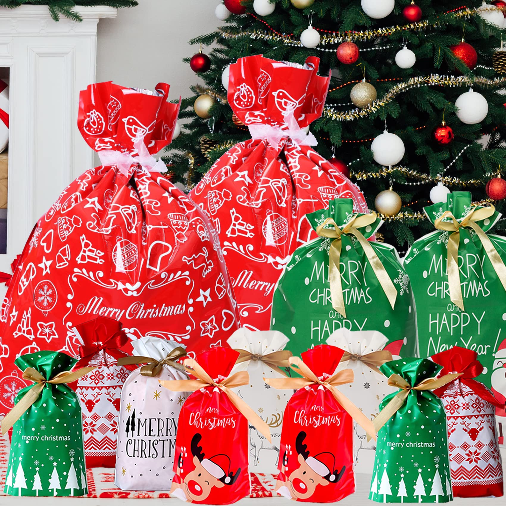 Funnlot Christmas Drawstring Gift Bags - 32 PCS in 7 Styles with Ribbon Ties for Candy, Treats, Party Favors | Perfect for Holiday Gifting, Stocking Stuffers & Christmas Party Decorations