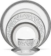 Noritake Summit Platinum 5-Piece Dinnerware Set - Elegant White Porcelain Plates, Bowls & Cups - Perfect for Formal Dining, Wedding Registry & Special Occasions