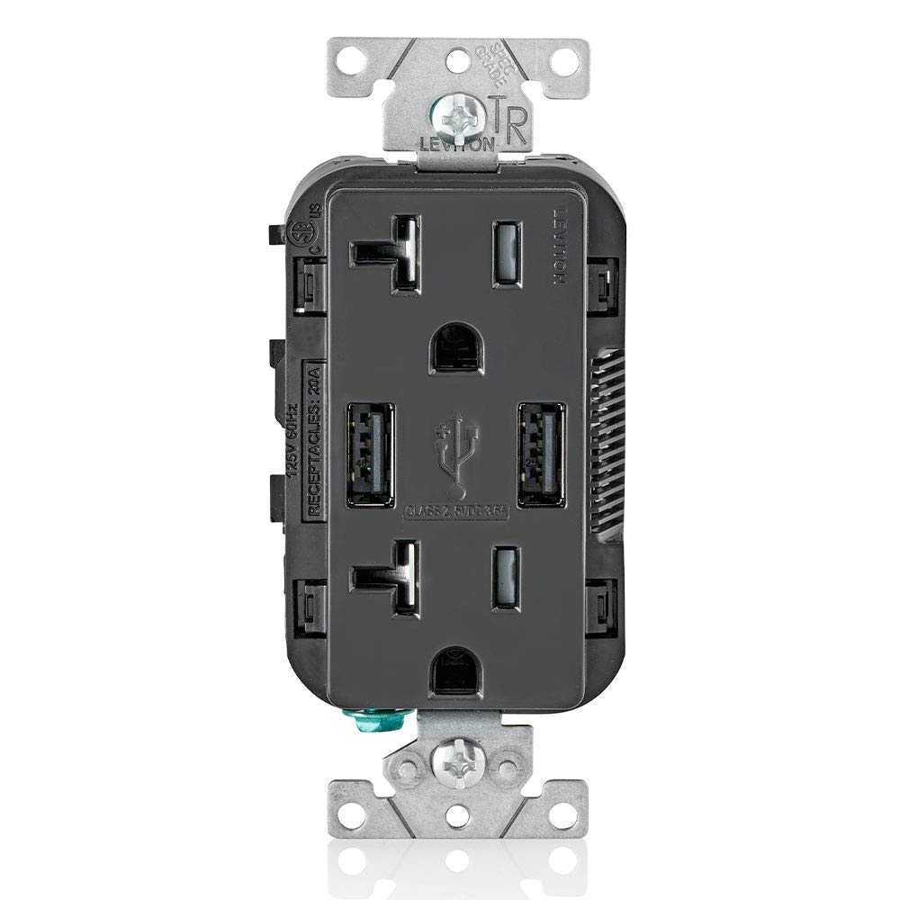 Leviton T5832-B 20A Tamper-Resistant Outlet with Type-A USB In-Wall Charger - Fast Charging for Smartphones, Tablets & Devices - Sleek Black Wall Plate - Perfect for Bedrooms, Offices & Hotels