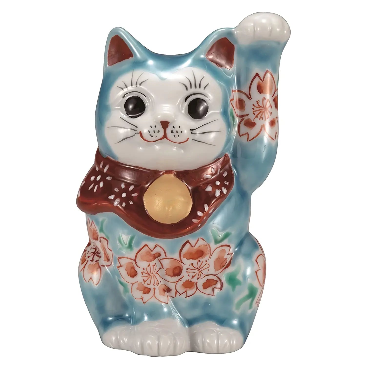Authentic Japanese Kutani Ware Porcelain Maneki Neko Figurine - Sakura Blue Lucky Cat Statue (3.3