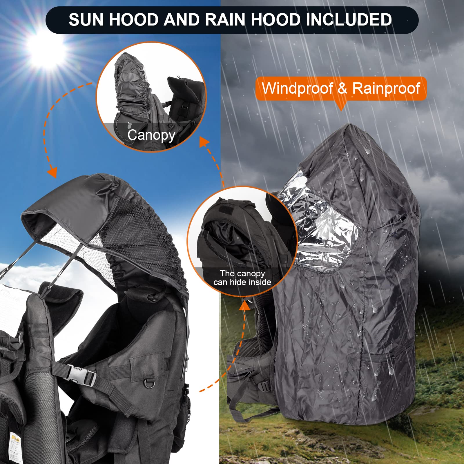 Baby Backpack Carrier for Hiking & Camping - Adjustable Padded Toddler Carrier with Rain Cover, Sun Shade & Large Storage Pockets | Safe Child Carrier for Outdoor Adventures, Travel & Daily Use