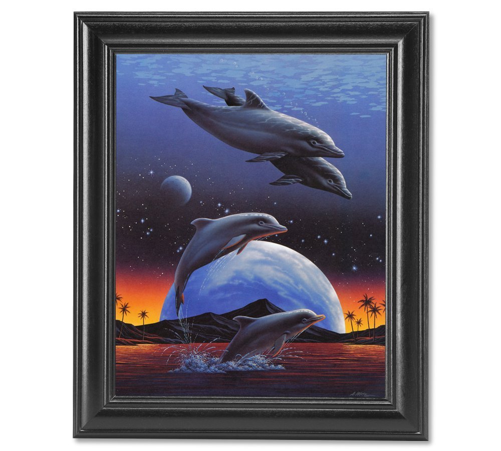 Dolphins Ocean Planetary Porpoises Framed Wall Art Print - Beautiful Marine Life Decor for Living Room, Bedroom & Office