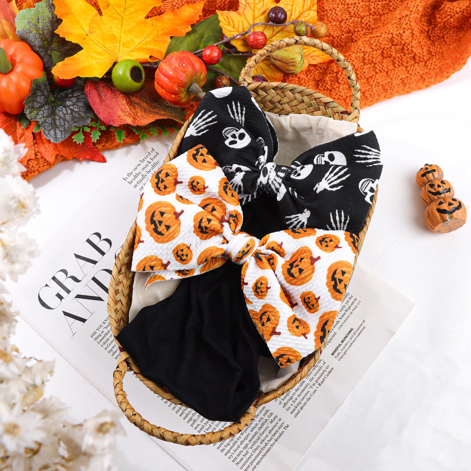 Halloween Hair Bows for Baby Girls - Pumpkin & Black Ghost Printed Headbands | Soft Nylon Hair Accessories for Newborns & Toddlers | Perfect for Halloween Costumes, Photo Shoots & Party Outfits