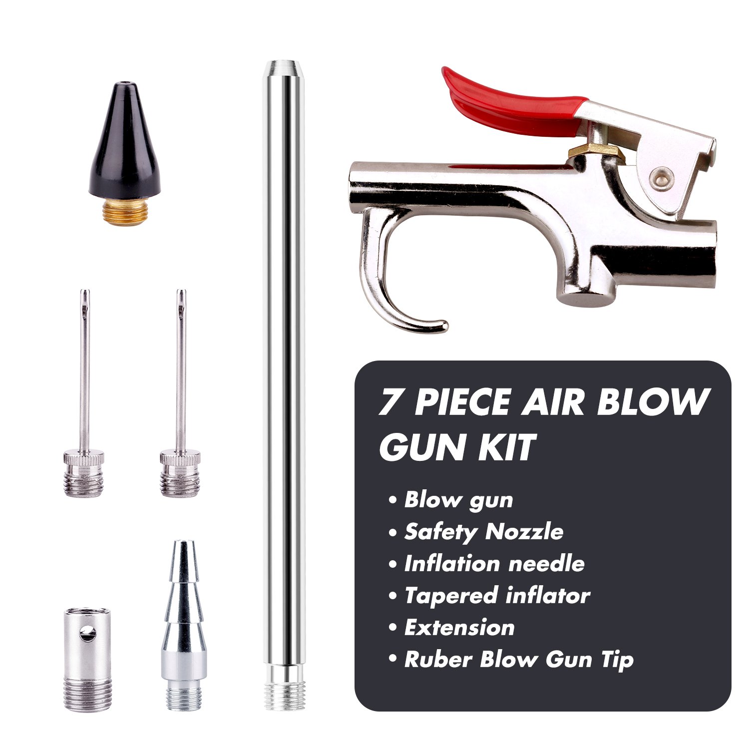WYNNsky Air Blow Gun Kit with 5 Interchangeable Nozzles - 7 Piece Air Compressor Tool Set for Cleaning Dust, Drying, and Inflating Tires | Ideal for Automotive, Workshop, and DIY Projects