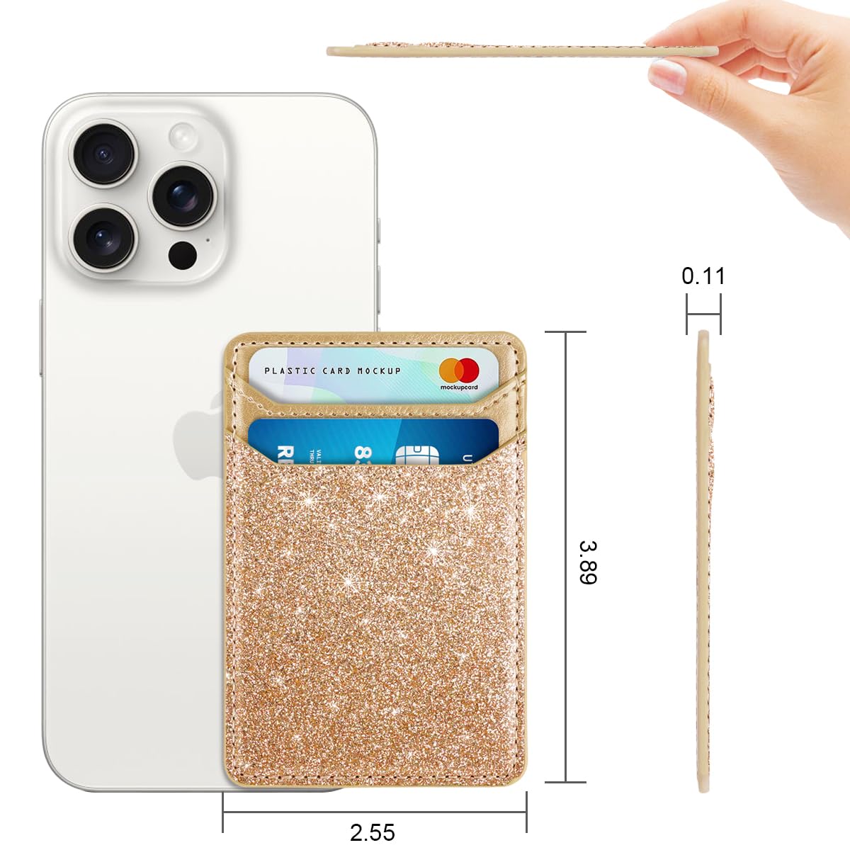 Self Adhesive Card Holder for Phone Back - Leather RFID Blocking Phone Wallet with Sticky Back - Credit Card Sleeve for Phone Case (Glitter Gold) - Perfect for Contactless Payments, ID Storage & Everyday Convenience