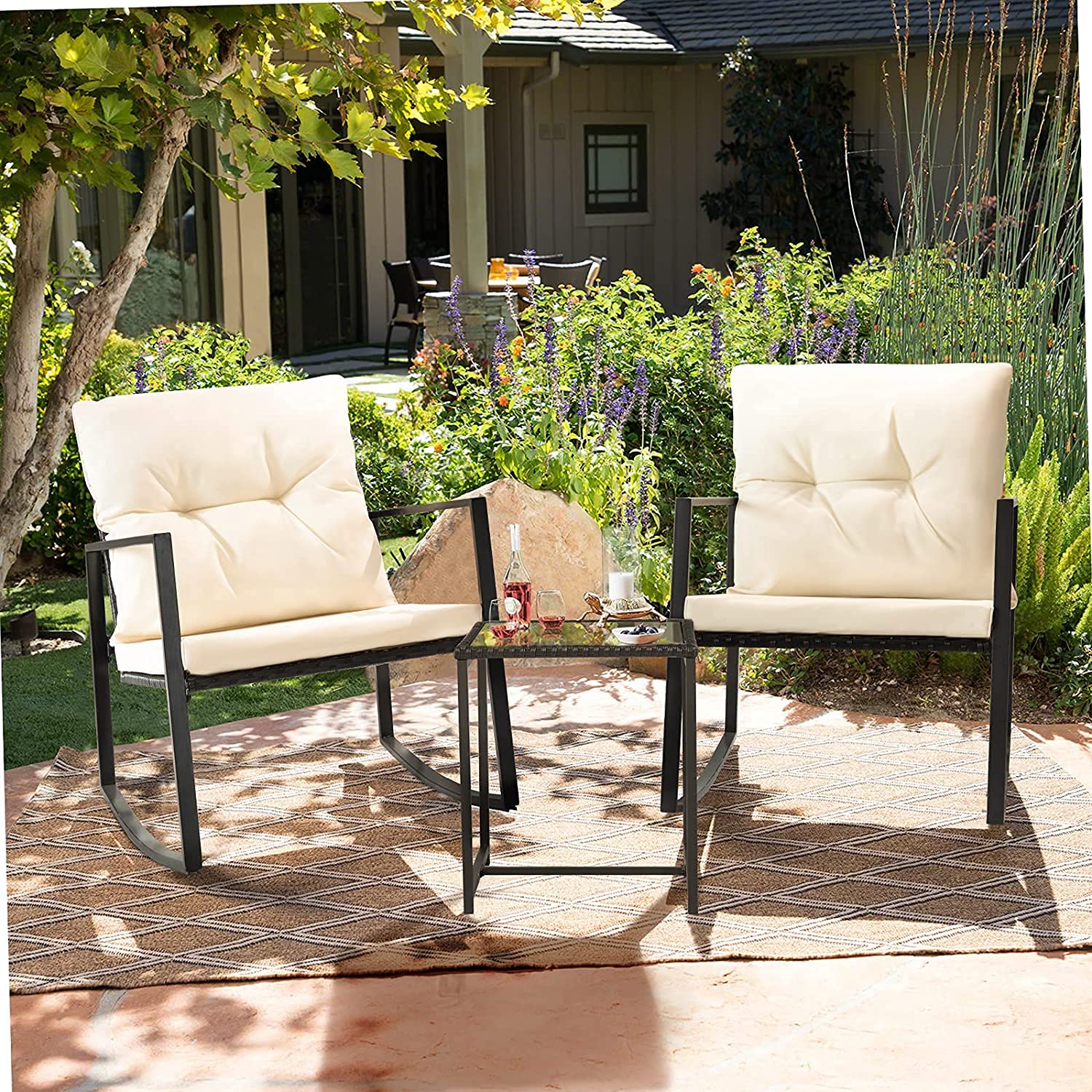 SUNCROWN 3-Piece Outdoor Rocking Chair Set - Patio Wicker Rattan Bistro Set with Cushions & Glass Coffee Table - Beige Conversation Furniture for Garden, Porch, Backyard Relaxation