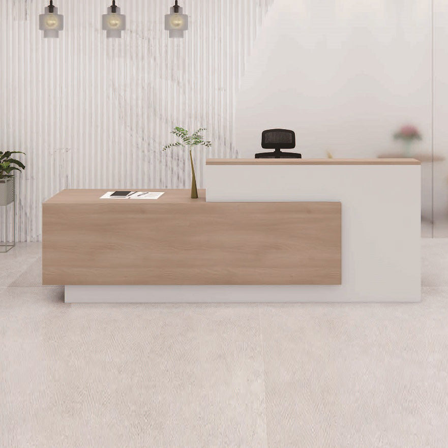 HELMER 2.4M Left Panel Reception Desk in Oak & White - Perfect for Office Lobby, Hotel Front Desk & Corporate Waiting Areas