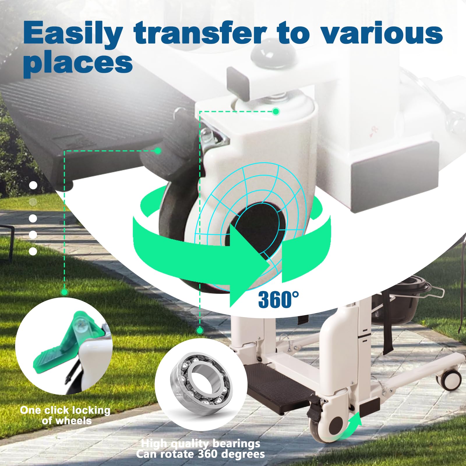 Electric Patient Lift Transfer Chair with Dining Board - Height Adjustable Bathroom Wheelchair for Home Use - Foldable Design Supports 220lbs - Ideal for Elderly Care & Mobility Assistance