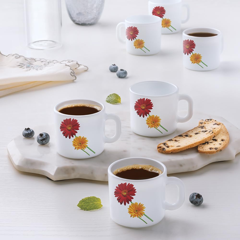 BOROSIL Zinnia Opalware Tea & Coffee Mugs Set of 6 (100ml Each) - Microwave & Dishwasher Safe, Bone-Ash Free - Elegant White Crockery for Daily Use, Gifts, Home, Office & Restaurants