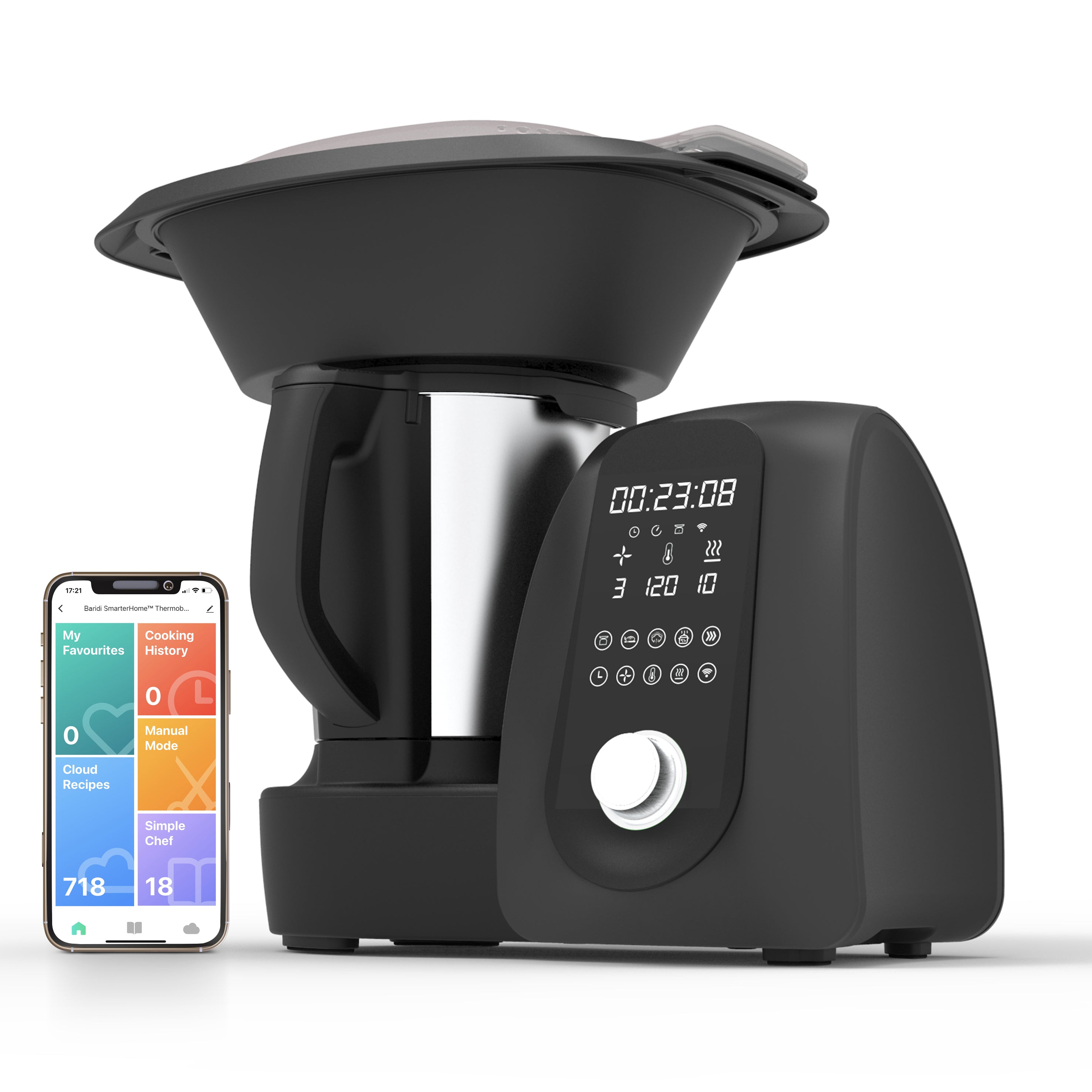 Baridi All-in-One Smart Thermo Cooker with 18 Preset Functions & App-Guided Recipes - Black (DH163) - Perfect for Healthy Meals, Meal Prep & Busy Families