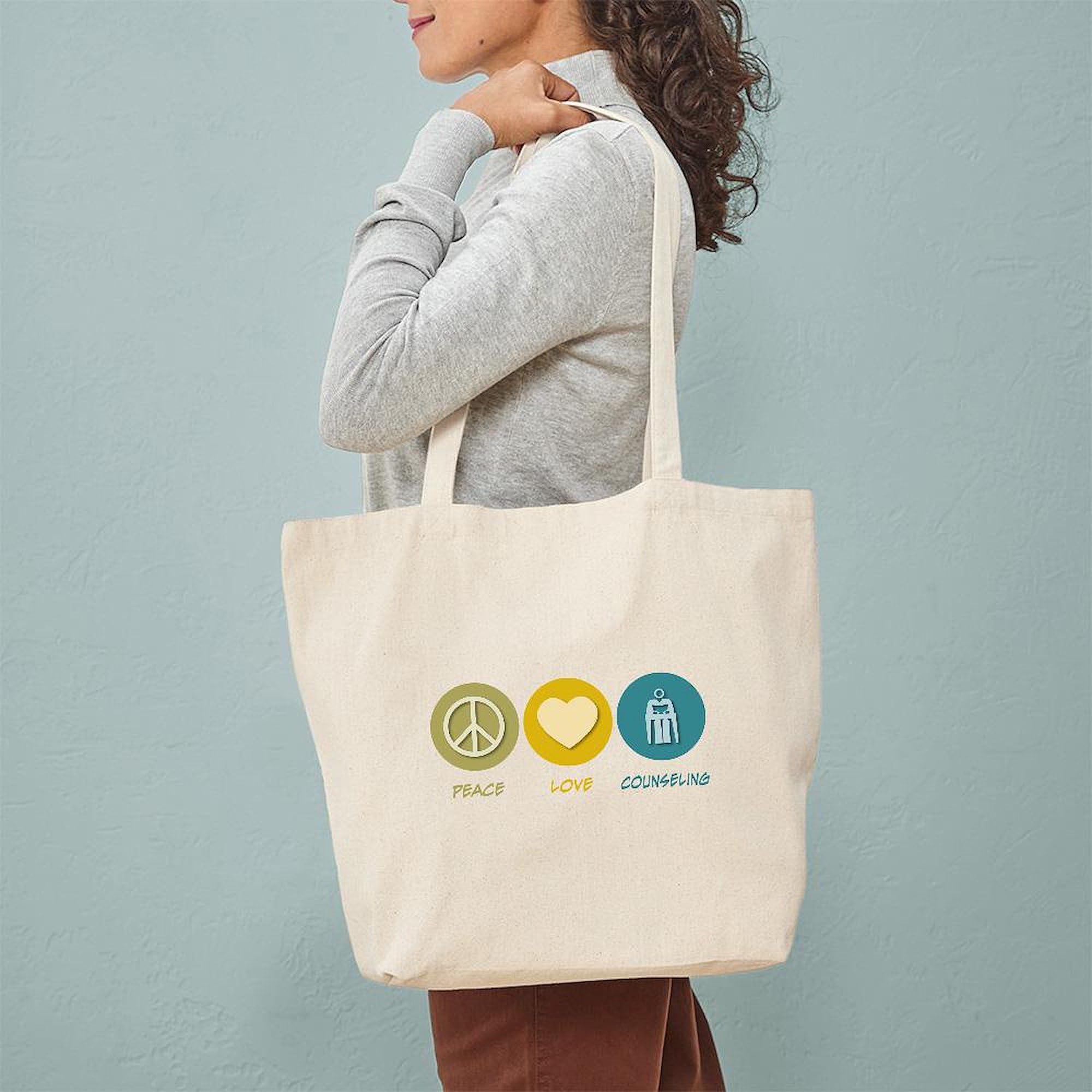 Peace Love Counseling Tote Bag - Natural Canvas Reusable Shopping Bag for Therapists, Counselors & Mental Health Awareness - Eco-Friendly Grocery & Work Tote