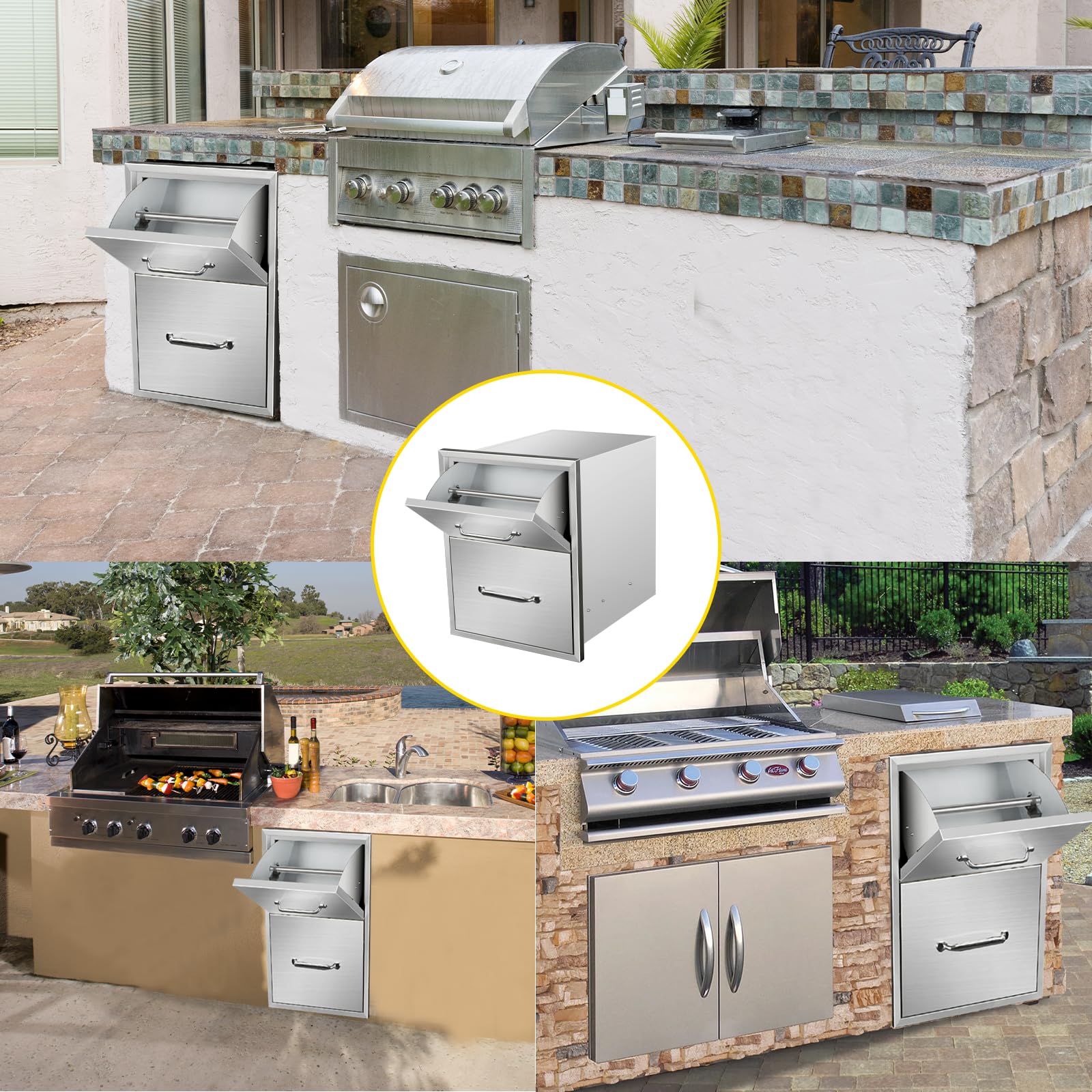 Stainless Steel Outdoor Kitchen Drawers with Paper Towel Holder & Chrome Handle - 16