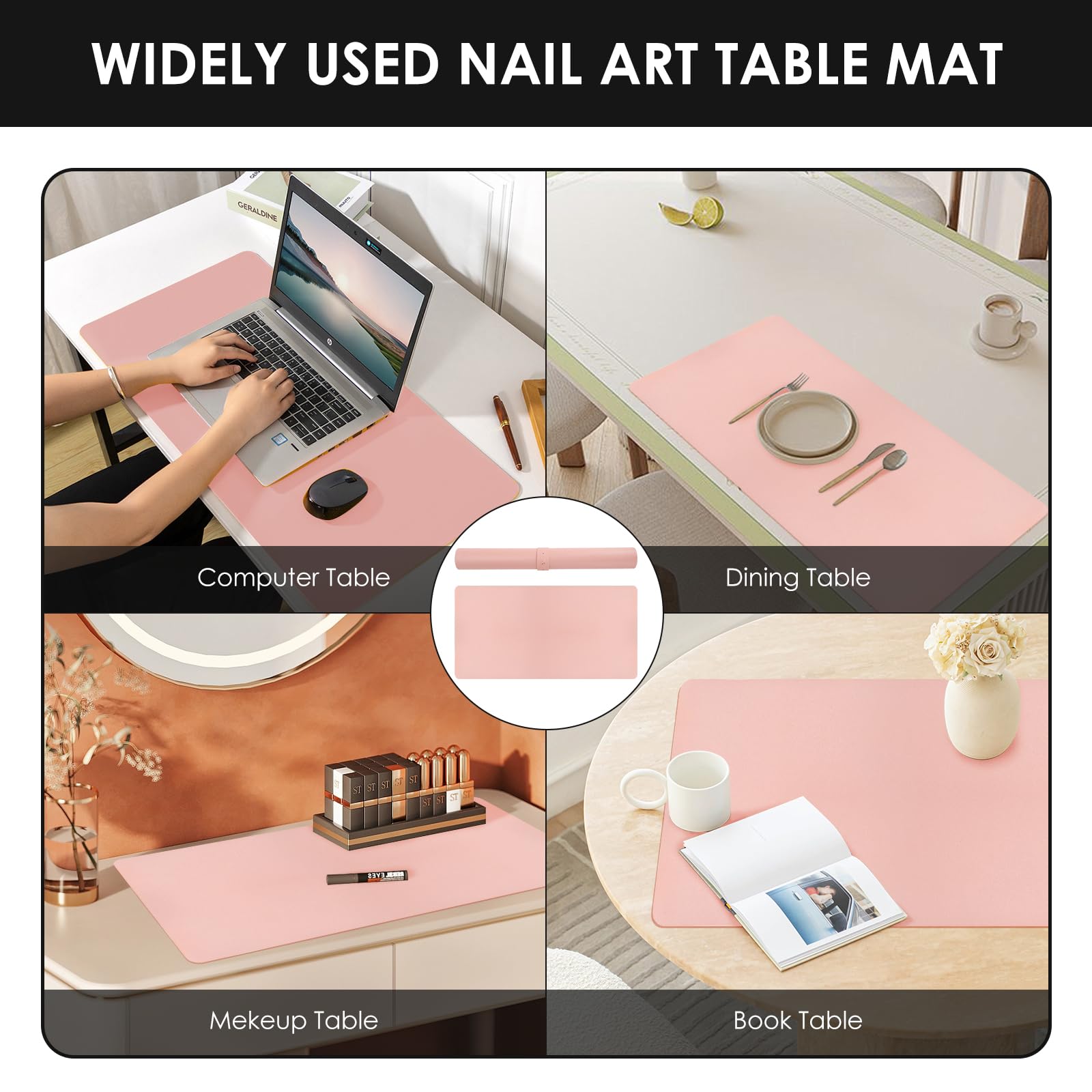 Premium Pink Nail Art Table Mat - Large Waterproof Heat Resistant PU Leather Desk Pad (31.4