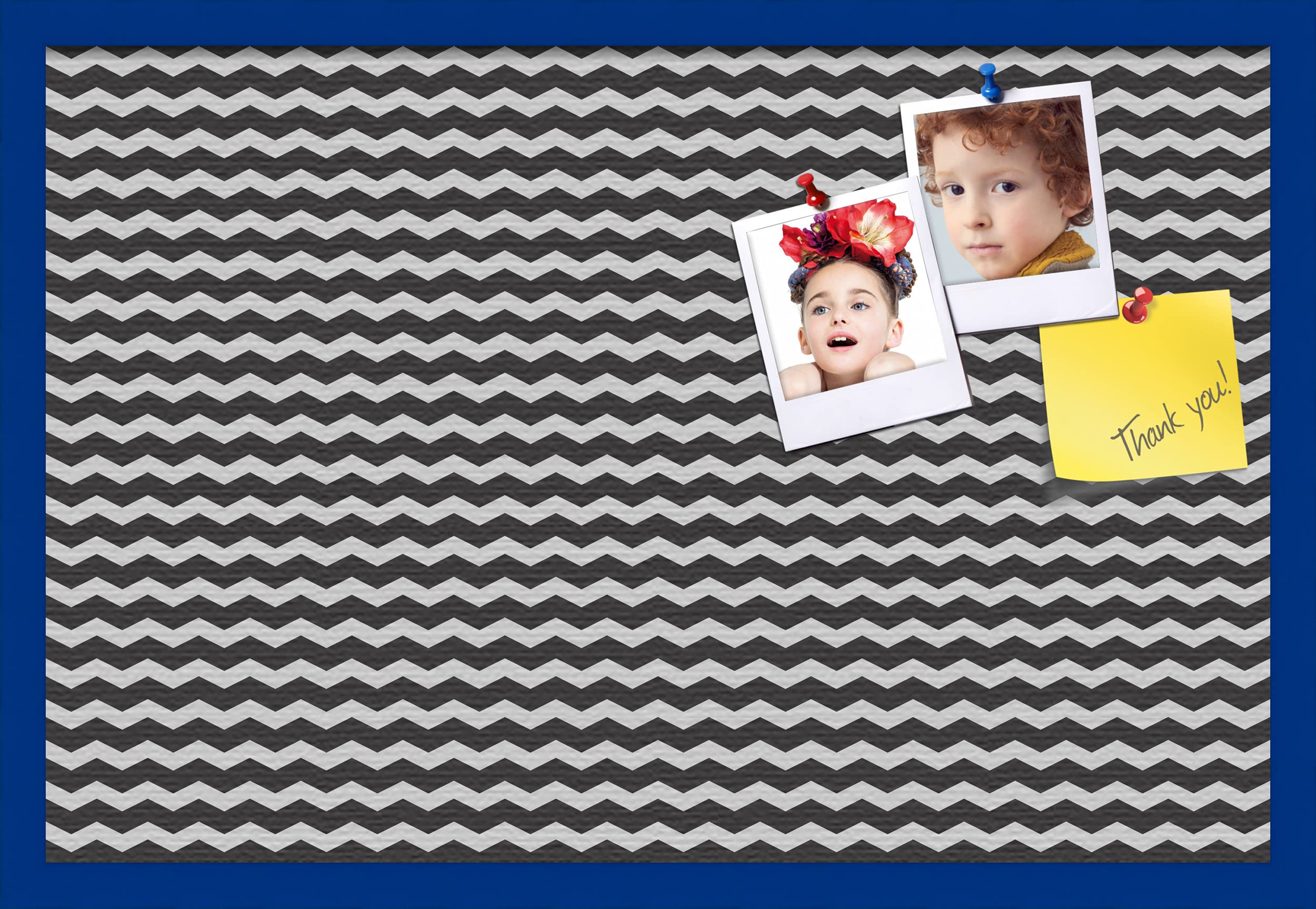 PinPix 30x20 Inch Cork Bulletin Board - Black & White Chevron Design with Blue Stained Beech Frame | Home Office Decor, Message Board, Wall Organizer for Notes, Photos & Reminders (PinPix-118) | Perfect for Bedroom, Kitchen, Dorm & Workspace Organization