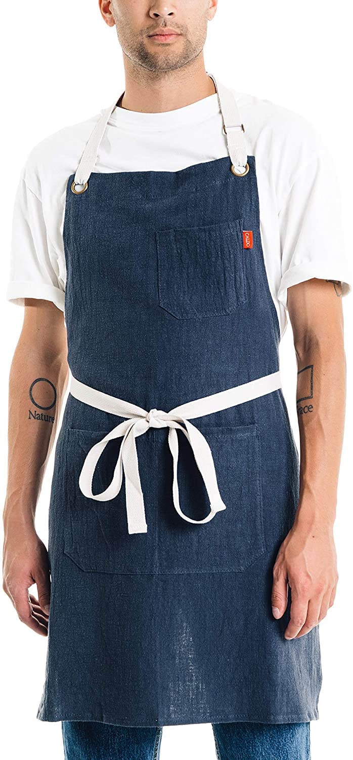 Premium Linen Kitchen Apron for Cooking & Baking - Adjustable Unisex Bib Apron with Pockets (Custom Navy) - Ideal for Home Chefs, BBQ, Baking & Crafting