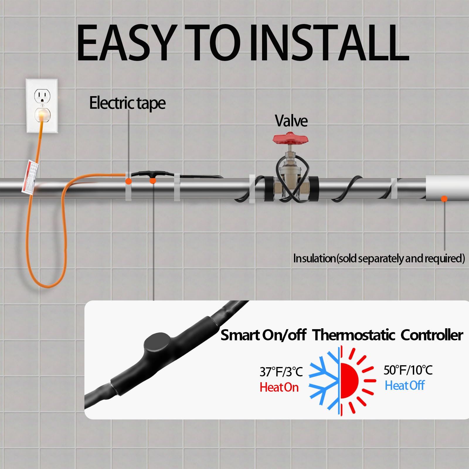 Self-Regulating Heating Cable for Pipe Freeze Protection - 24Ft, 120V Energy-Saving Heat Tape for Metal & Plastic Water Pipes - Keep Water Flowing in Cold Weather - Ideal for Home, RV, and Outdoor Pipe Protection