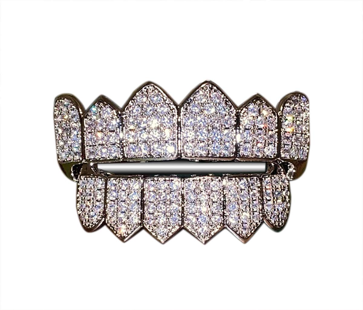 Joker White Gold Hip Hop Grillz Set - Top & Bottom Teeth Grillz for Men & Women - Iced Out Dental Jewelry for Rappers & Party Wear - Perfect for Concerts, Music Videos & Special Events