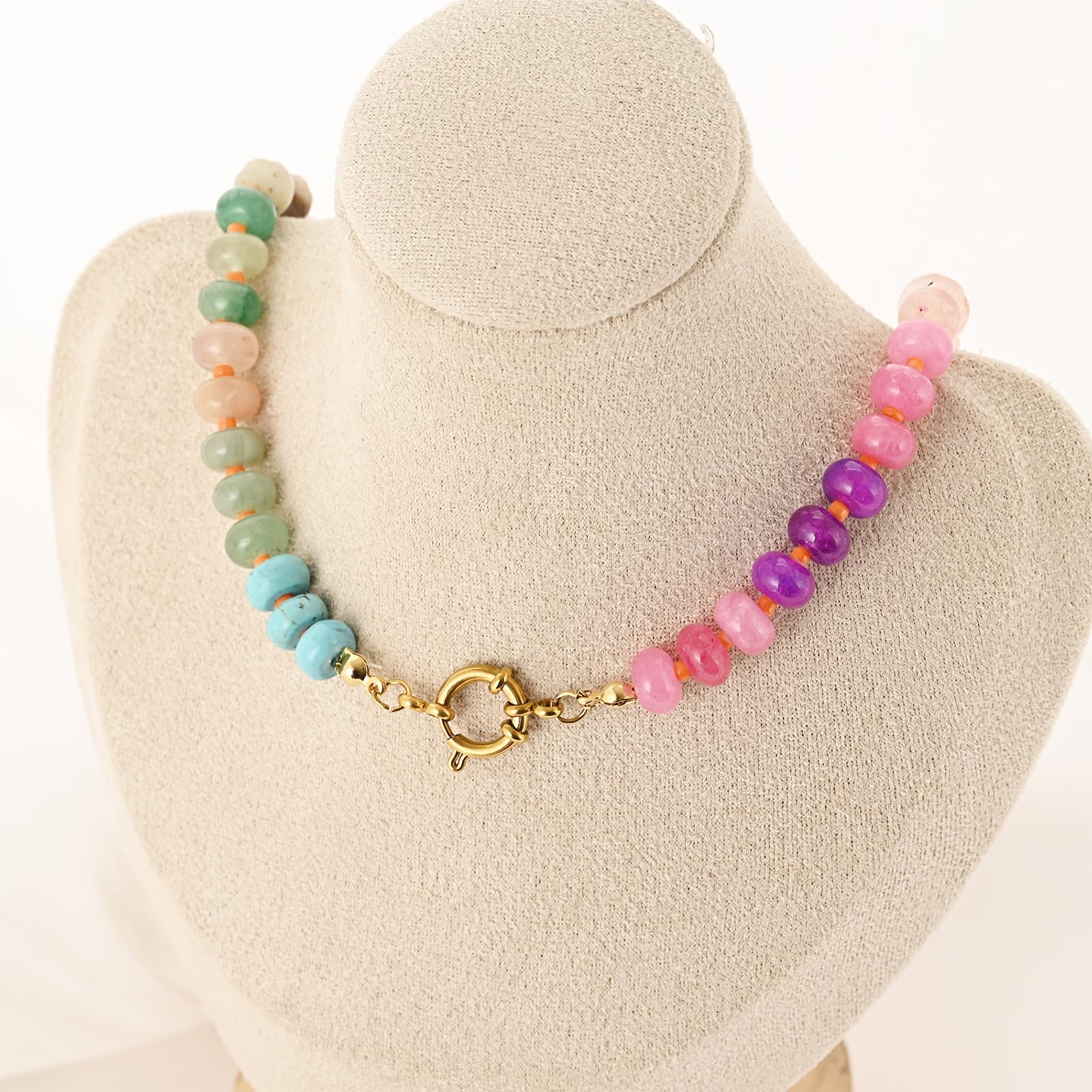 Natural Stone Beaded Necklace for Women - Boho Rainbow Charm Jewelry with Colorful Beads, Surfer Choker Necklace | Perfect Gift for Beach Lovers, Festival Goers & Boho Fashion Enthusiasts