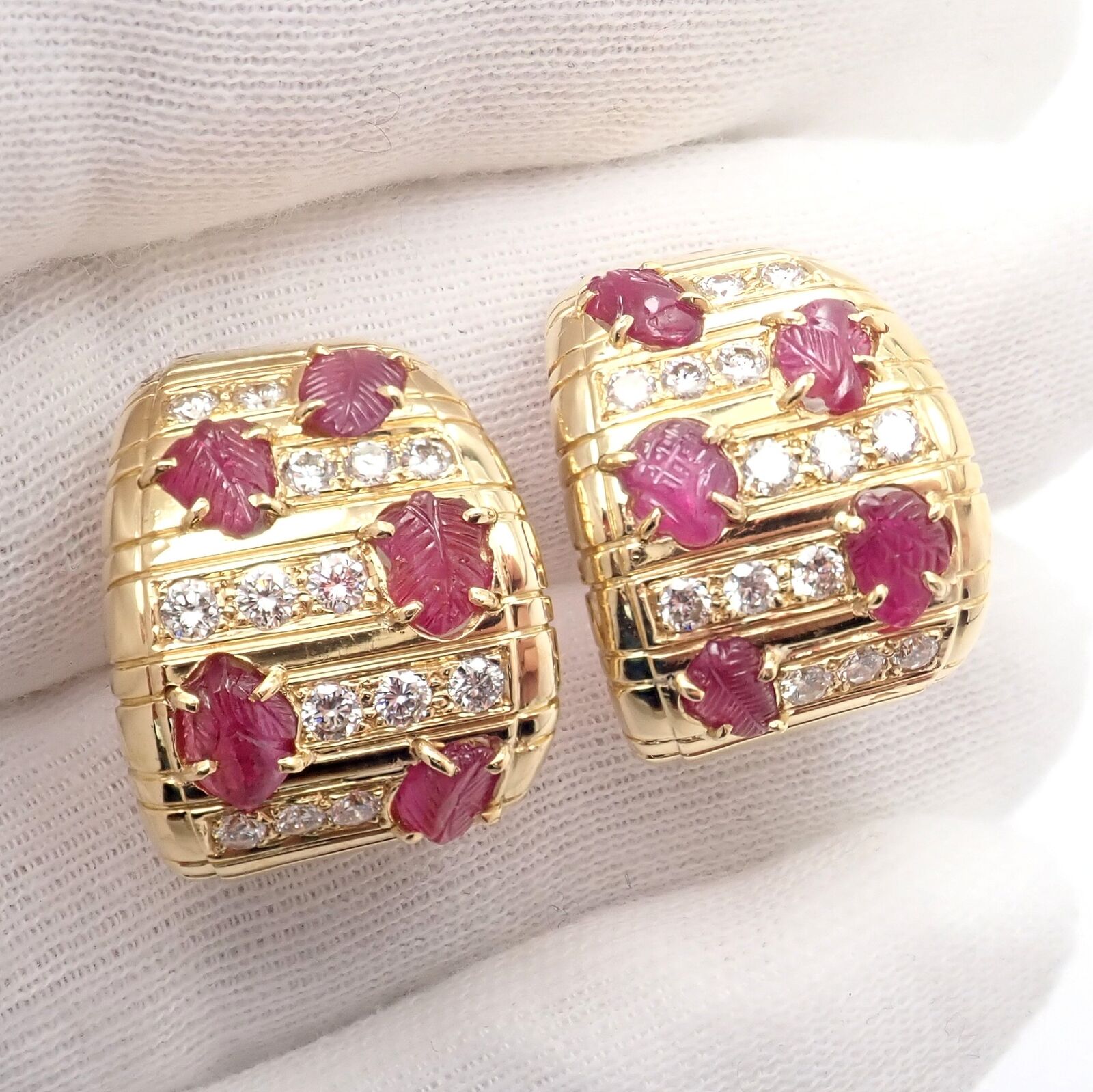 Vintage Andrew Clunn 18K Yellow Gold Diamond Carved Leaf Ruby Earrings - Elegant Antique Jewelry for Weddings, Parties & Special Occasions