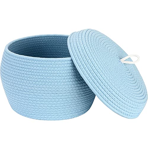 Sea Team Round Cotton Rope Storage Basket with Lid - Decorative Woven Storage Bin for Home Organization, 13 x 9 Inches (Large, Blue) | Perfect for Storing Snacks, Towels, Plants, Toys & Home Decor