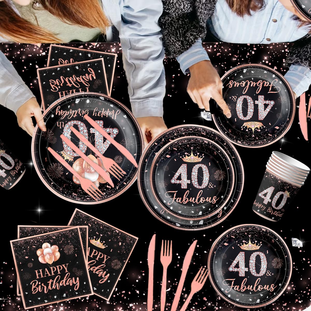 142Pcs Rose Gold 40th Birthday Party Tableware Set - Tablecloth, Plates, Napkins, Cups, Forks & Knives - Elegant Women's 40th Birthday Decorations - Perfect for Milestone Celebrations, Themed Parties & Anniversary Gatherings