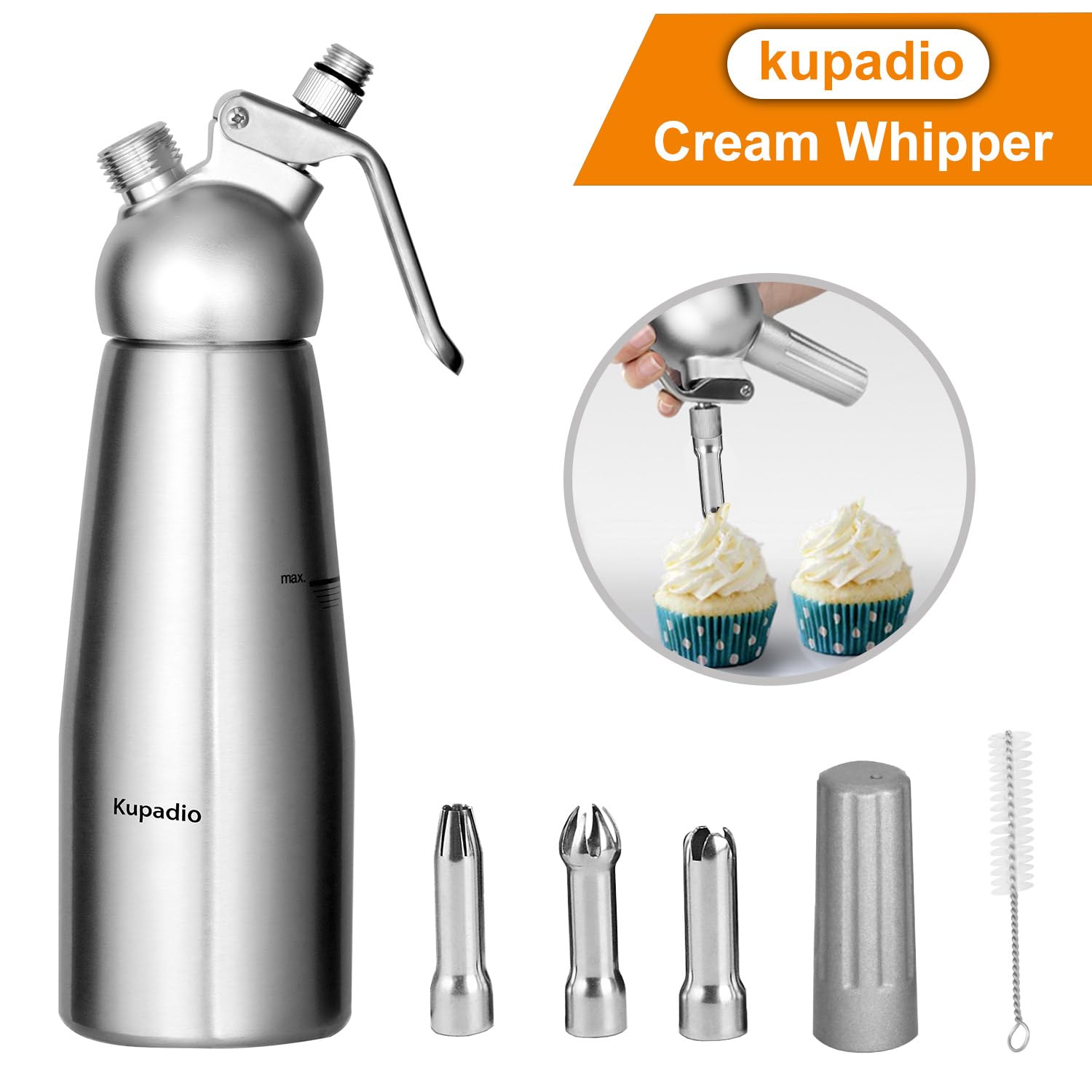 Premium 500mL (1 Pint) Aluminum Whipped Cream Dispenser - Professional Dessert Cream Maker with 3 Decorating Nozzles for Cakes, Coffee & Cocktails | Gourmet Whipped Cream Charger for Home & Commercial Use